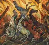 Harold Bengen, Scheuende Pferde vor Flammenmeer, 1920, Oil on canvas