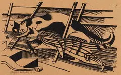 Gerhard Marcks, Die Katzen (Katzen im Dachboden), 1921, Woodcut