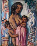Heinrich Heuser, Balinesische Mutter mit ihren zwei Kindern, 1930, Oil on canvas