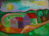 Karoline Wittmann, Landschaft mit zwei Häusern, 1960, Oil