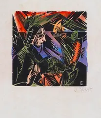 Josef Eberz, Frau mit Katze, 1920, Woodcut