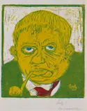Hanns Bolz, Männerkopf mit Pfeife, 1910, Woodcut in colors
