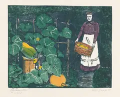 Wilhelm Laage, Kürbisernte, 1913, Woodcut in colors