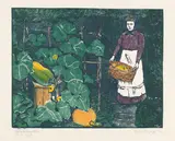Wilhelm Laage, Kürbisernte, 1913, Woodcut in colors