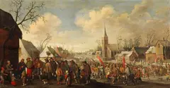 Joost Cornelisz Droochsloot, Ansicht eines winterlichen Dorfes mit dem Festzug des St. Valentin, 1622, Oil on panel