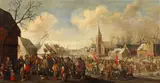 Joost Cornelisz Droochsloot, Ansicht eines winterlichen Dorfes mit dem Festzug des St. Valentin
