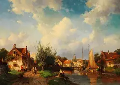 Charles Leickert, Geschäftiges Treiben am Flussufer eines holländischen Städtchens, 1860, Oil on canvas