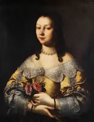 Pier Francesco Cittadini, Zugeschrieben - Porträt einer eleganten Dame mit kleinem Rosenbouquet, Oil on canvas