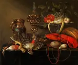 Johann Friedrich Gruber, Prunkstilleben mit Hummer, Singvögeln, Glas, Becher, Krug und Buckelpokal, 1670, Oil on canvas