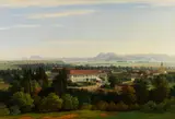 Thomas Ender, Blick auf das Dorf Pruské mit dem Schloss der gräflichen Familie Königsegg-Aulendorf und der Kirche St. Peter und Paul im Waagtal, in der Nähe der heutigen Stadt Ilava, in der nordwestlichen Slowakei, 1863, Oil on canvas