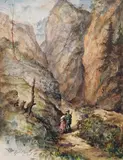 Carl Spitzweg, Jäger und Mädchen (Berglandschaft mit Liebespaar - Felsenschlucht mit Jäger und Mädchen), 1835, Watercolor