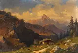 Karl Millner, Hochgebirgslandschaft mit Almhütte und Hirten, Oil on canvas