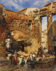 Ludwig Passini, Der römische Fischmarkt bei Sant' Angelo in Pescheria, 1857, Watercolor