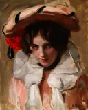 Arthur Kampf, Portrait einer jungen Dame mit Hut und roter Blume im Haar
