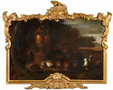 Gysbert Gillisz. Hondecoeter, Zugeschrieben - Geflügelhof mit Kaninchen und Papagei vor abendlicher Landschaft, Oil on canvas