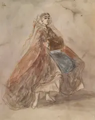 Constantin Guys, Elegante Dame mit Muff, Watercolor