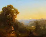 Johann Theodor Goldstein, - Zugeschrieben. Blick über ein weites Alpenflusstal mit Burgruine und kleinem Städtchen, 1830, Oil on canvas