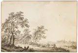Barend Cornelis Koekkoek, Niederrheinische Flusslandschaft mit kleiner Ortschaft und Personenstaffage