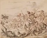 Gysbert Verhoeck, Reiterschlacht, Brush and ink drawing