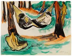 Max Pechstein, Zwei Mädchen in der Hängematte VIII (mit sitzendem männlichen Akt), 1910, Watercolor
