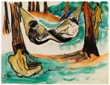 Max Pechstein, Zwei Mädchen in der Hängematte VIII (mit sitzendem männlichen Akt), 1910, Watercolor