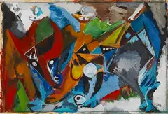 Ernst Wilhelm Nay, Drei Männer mit Stier, 1947, Gouache
