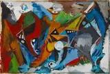 Ernst Wilhelm Nay, Drei Männer mit Stier, 1947, Gouache