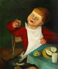 Erna Dinklage, Erna Dinklages Sohn Karl Gideon beim Frühstück von einer Katze angesprungen, 1927, Oil on panel