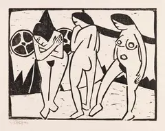 Karl Schmidt-Rottluff, Akte vor dem Vorhang, 1911, Woodcut