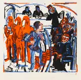 Gerichtsszene aus Shaw's heiliger Johanna by Ernst Ludwig Kirchner, 1925, Woodcut in colours, sold May 2011