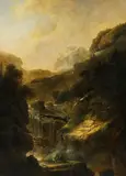 Heinrich Wüest, Gemäldepaar: Ideale Gebirgslandschaften mit Wasserfall und Zeichnern, 1788, Oil on panel