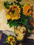 Sonnenblumen in bemalter Vase mit Doppelhenkel by Heinrich Nauen, 1926, Oil on fibreboard, sold May 2011