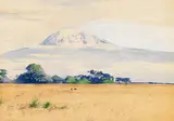 Wilhelm Kuhnert, Straußen in der Savanne vor dem Kilimandscharo, 1891, Gouache