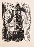 Pariser Häuser (Alte Häuser in Paris, Pariser Strasse) by Lyonel Feininger, 1920, Woodcut, sold May 2011