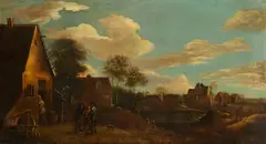 Umkreis - Dorfansicht mit diskutierenden Bauern by David Teniers der Jüngere, Oil on canvas, sold May 2011
