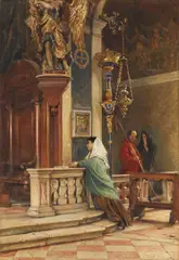 Ludwig Passini, Betende in einer venezianischen Kirche, 1873, Watercolour