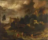 Umkreis - Italianisierende Landschaft mit Wanderer und Kuhhirten by Nicolaes Claes Pietersz. Berchem, Oil on canvas, sold May 2011