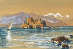 Friedrich Preller d. J., Die Festung Bourtzi vor Nauplia, 1891, Gouache
