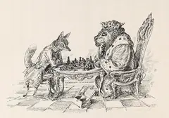 Andreas Paul Weber, Löwe und Fuchs beim Schach, 1975, Reed pen drawing