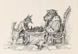 Andreas Paul Weber, Löwe und Fuchs beim Schach, 1975, Reed pen drawing