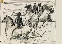 3 Blätter: Herrenreiter. Reitende Jünglinge am Meer. Löwenpaar in Landschaft by Otto Dill, 1920, Pen and India ink drawing, sold May 2011