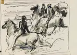 Otto Dill, 3 Blätter: Herrenreiter. Reitende Jünglinge am Meer. Löwenpaar in Landschaft, 1920, Pen and India ink drawing