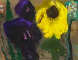 Klaus Fußmann, Violette Blüten und Sonnenblume, 1989, Pastel