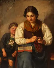 Franz Defregger, Strickende Bäuerin mit Buben, 1903, Oil on panel
