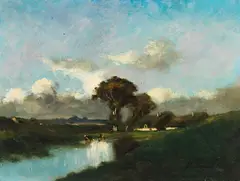 Jules Louis Dupré, Chaumière au bord de la mare, avec vaches à l'abreuvoir, 1885, Oil on canvas