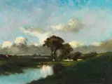 Jules Louis Dupré, Chaumière au bord de la mare, avec vaches à l'abreuvoir, 1885, Oil on canvas