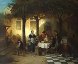 Adriaan De Braekeleer, Gasthausszene in einem Innenhof mit Boule- und Tric-Trac-Spielern, 1859, Oil on canvas