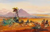 Johann Moritz Rugendas, Feldhüter bei der Sonnenpyramide von Teotihuacán mit Popocatépetl im Hintergrund, 1832, Oil