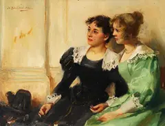 Albert Friedrich Schröder, Zwei junge Zuhörerinnen, Oil on panel