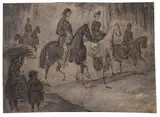Constantin Guys, Reiter im Bois de Boulogne, 1850, Pen and ink drawing